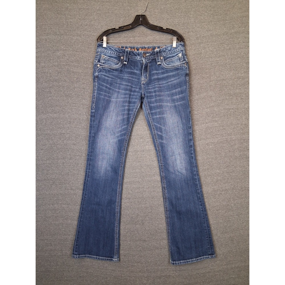Rock Revival Womens Jeans 30x33 Dark Blue Boot Cut Whisker Thick Stitch Ele Y2K